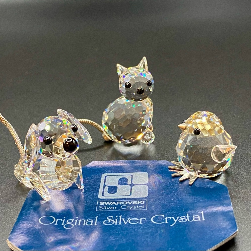 Swarovski Silver Crystal Animals – Dog Cat Bird w/ Booklet – Read